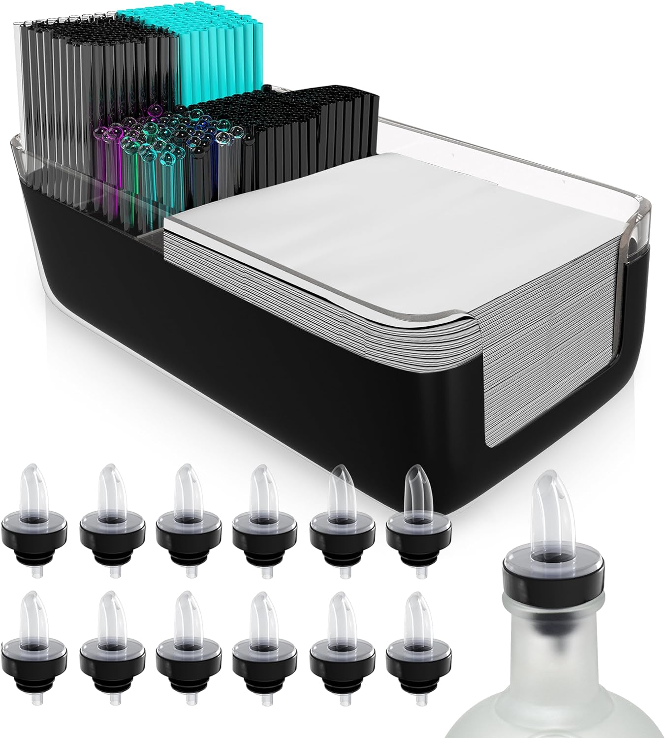 Featured image for “Esatto Bar Products Premium Bar Caddy, With 12 Pourers and Covers – Black”