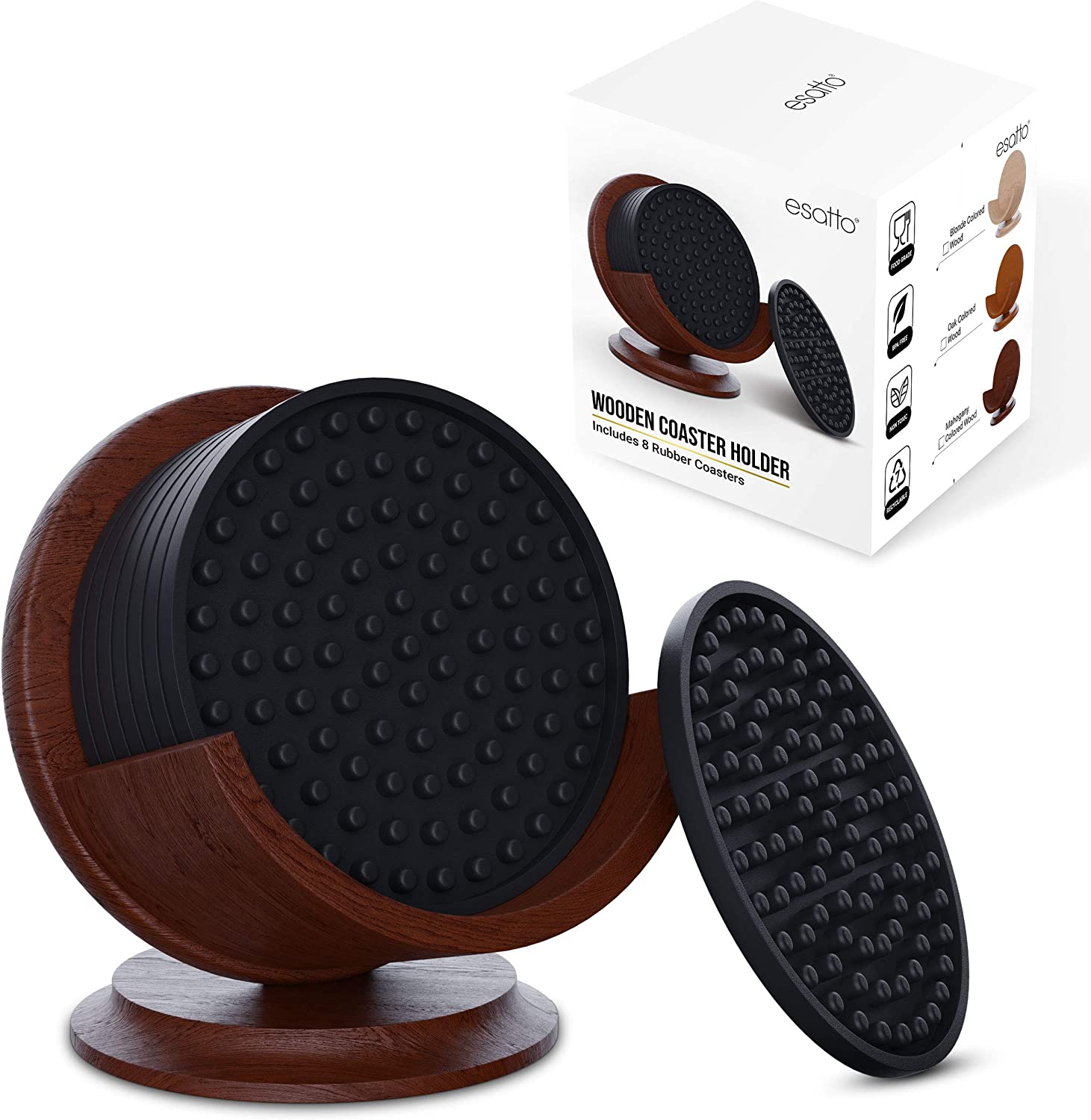 Esatto Bar Products Smooth Wooden Coaster Sets with Holders on Pedestal