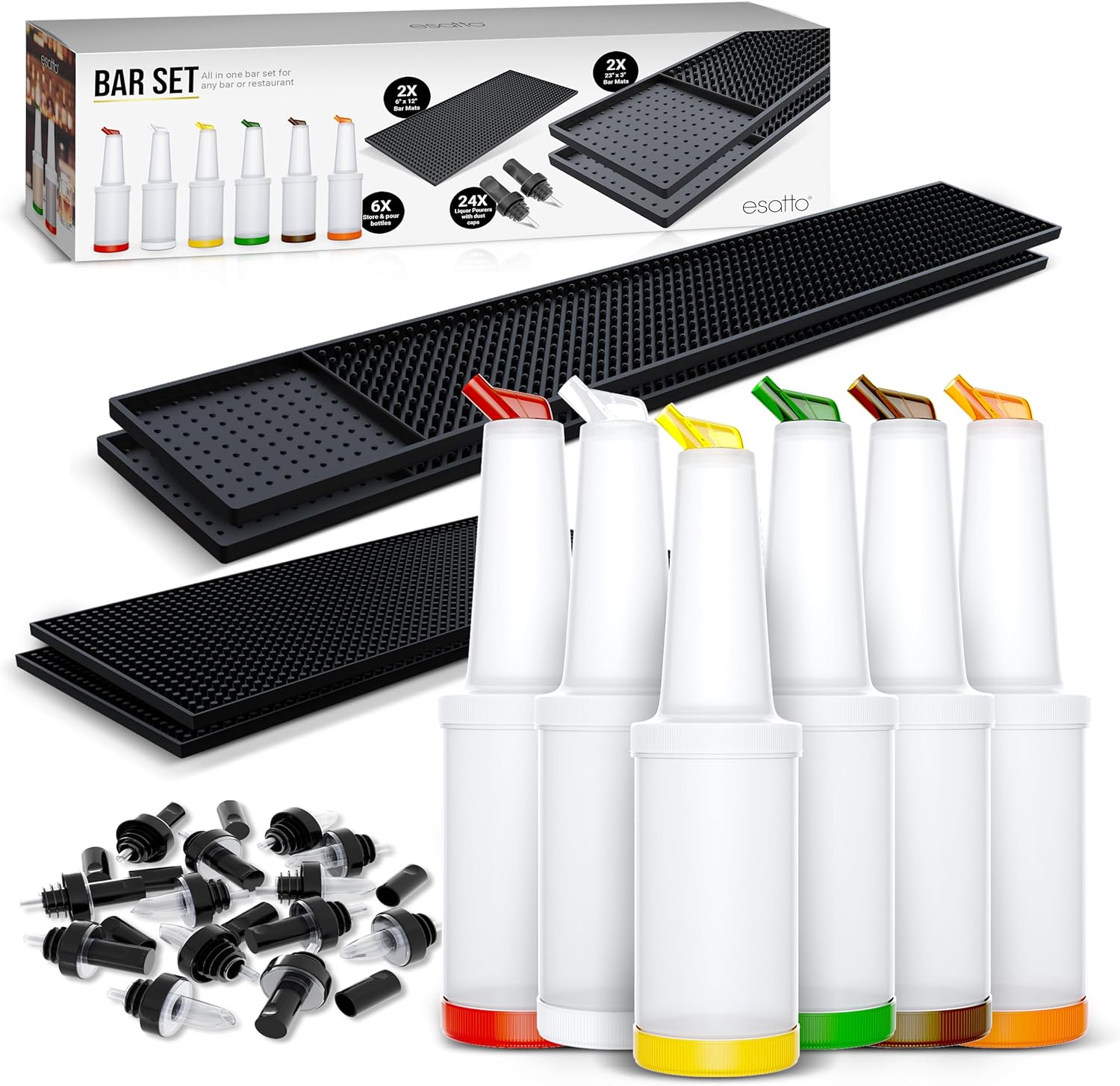 Featured image for “Esatto Bar Equipment Gift Set – 6 Store N Pour Bottles, 2 Bar Mats and 2 Shaker Mats, 24 Pourers”