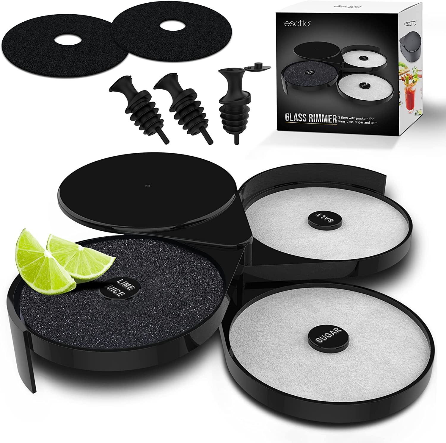 Esatto Glass Salt Rimmer 3 Tier for Margarita and Cocktail, Black