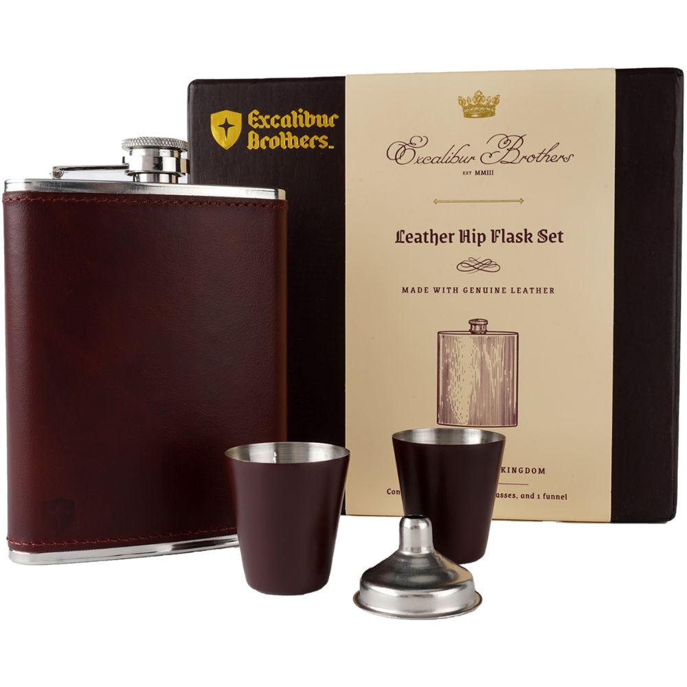 Featured image for “Mens Leather Flask (Brown) with 2 Cups and Funnel”