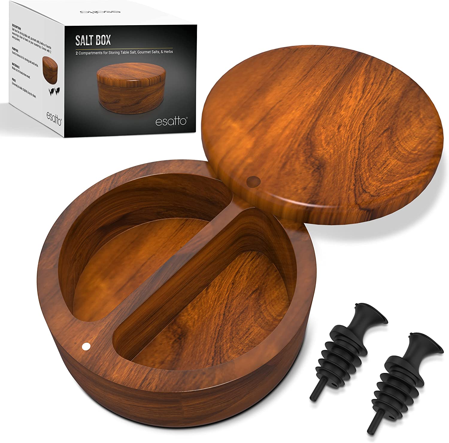 Featured image for “Esatto Round Acacia Wooden Salt and Spice Box – 2 Compartments”