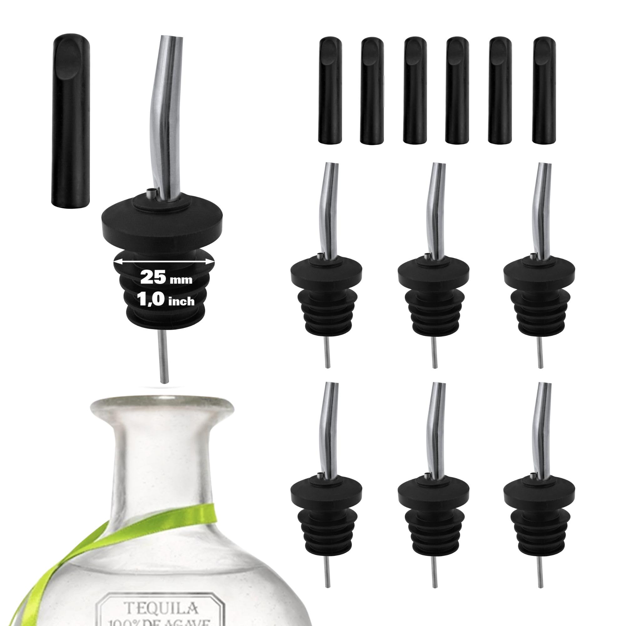 Featured image for β6-Pack Stainless Steel Liquor Pour Spouts with Hinged Lidsβ