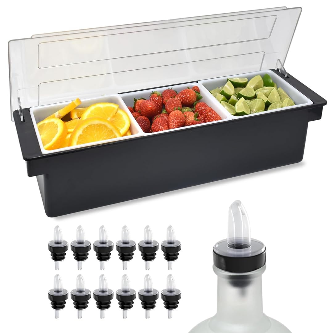 Featured image for “Condiment Holder 3 – 1 Quart Inserts with 12 Pourers & 12 Pourer Covers & 1 Muddler”